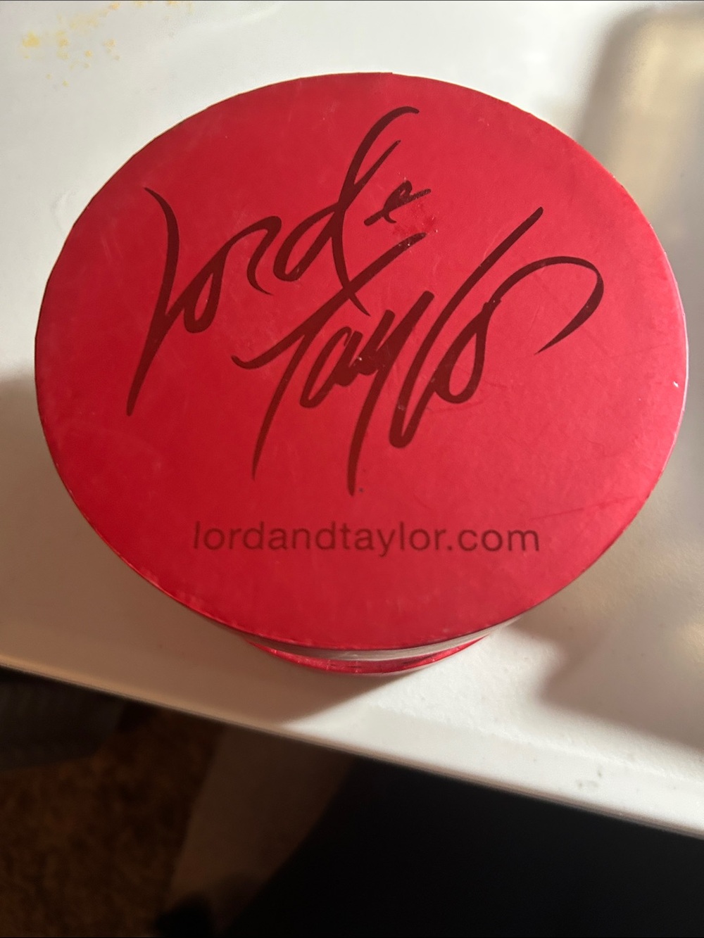 Lord & Taylor Red Round Decorative Box with Script Logo